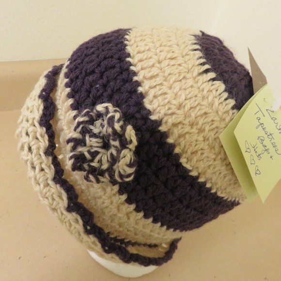 HAND CROCHETED HEMP YARN & WOOL HAT***purp & cream main image 3